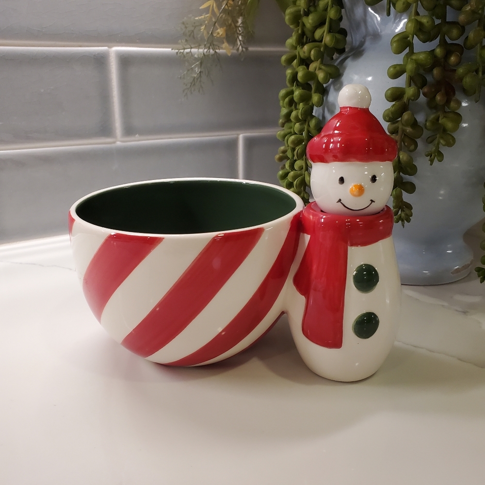 COPY - Hallmark Candy Cane bowl with Snowman spreader, red & white with green i…